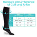 Measurement guide for knee-high socks with a black sock and size chart on a white background