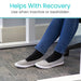 Person wearing gray shoes and black socks with text about recovery on a carpeted floor.