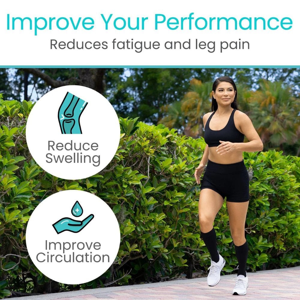 Woman running outdoors with text and icons about compression socks benefits