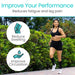 Woman running outdoors with text and icons about compression socks benefits