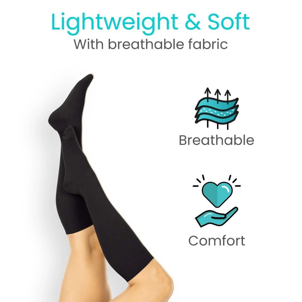 Black knee-high socks with text 'Lightweight & Soft' and icons indicating breathable and comfortable fabric on a white background.