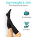 Black knee-high socks with text 'Lightweight & Soft' and icons indicating breathable and comfortable fabric on a white background.