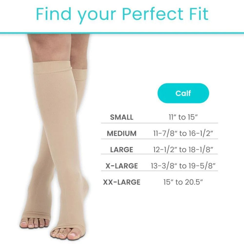 Beige compression stocking with size chart on a white background