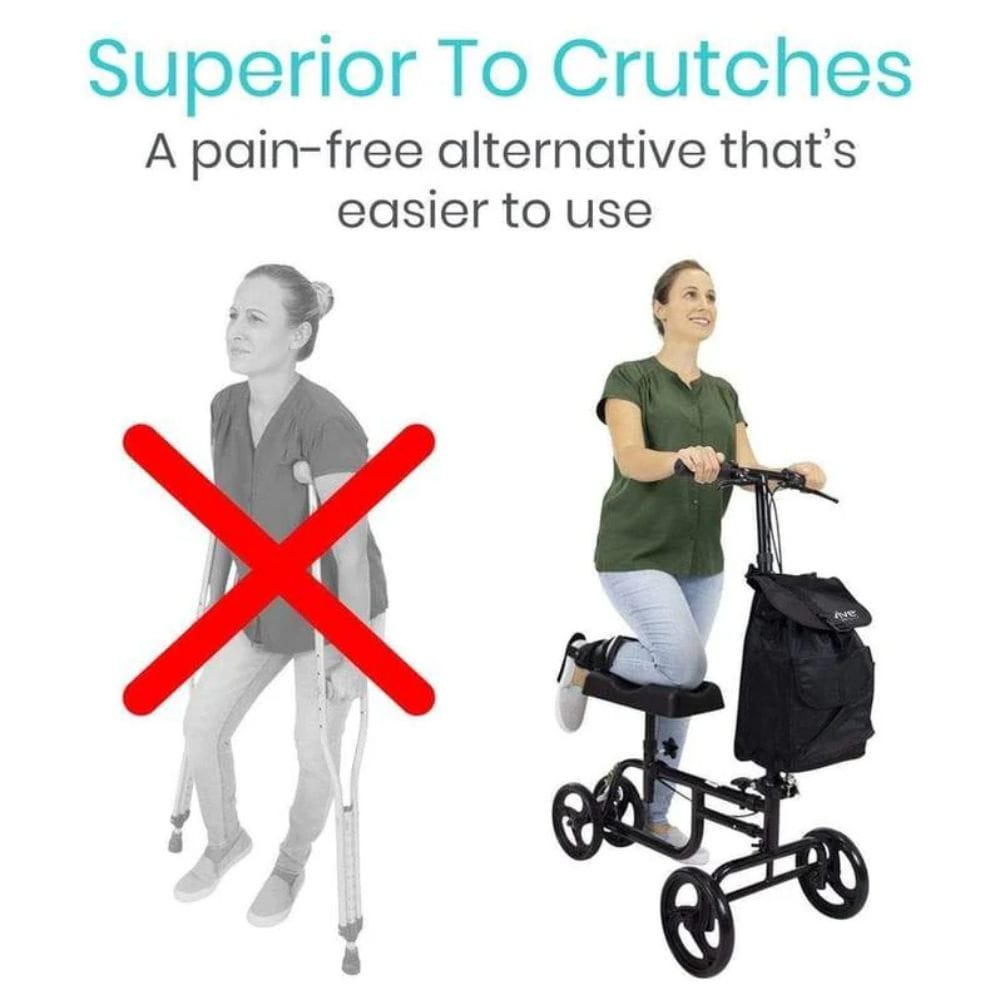 Advertisement comparing a knee walker to crutches with text 'Superior To Crutches' on a white background.