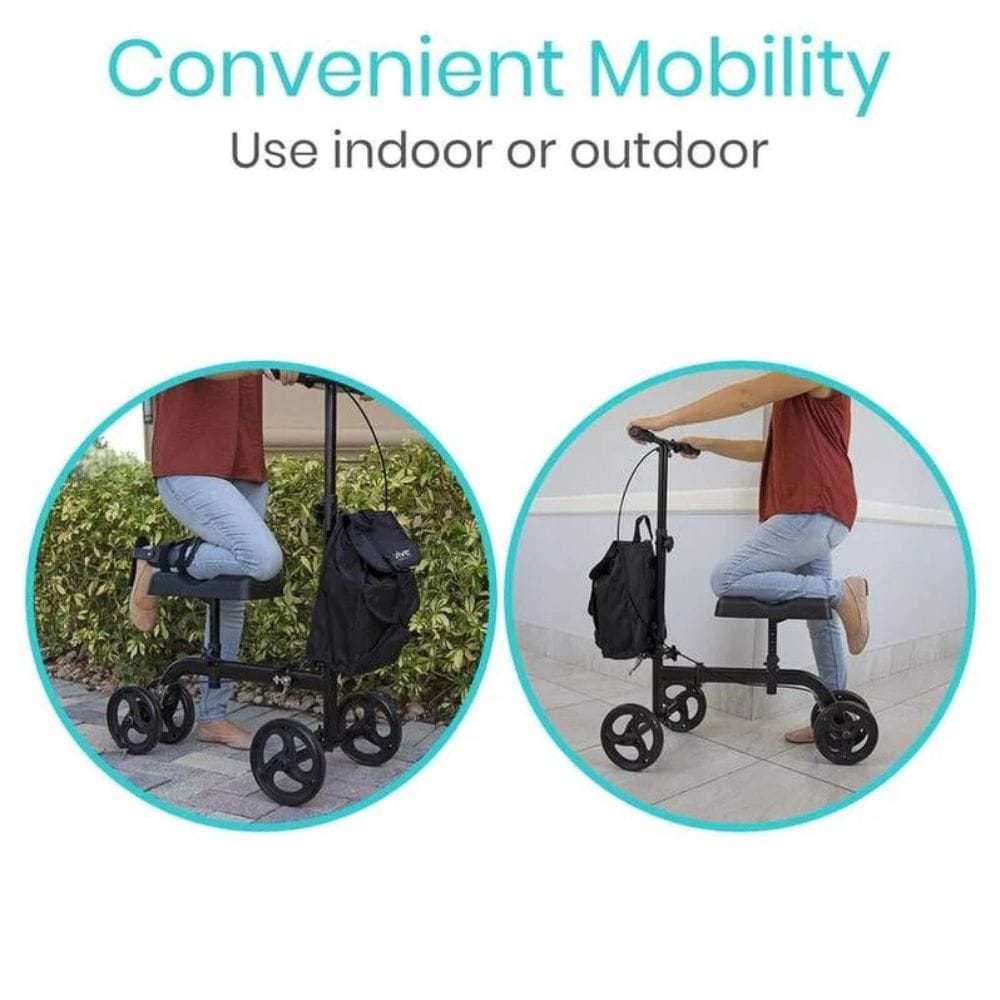 Two images of a person using a knee walker with text 'Convenient Mobility Use indoor or outdoor' on a white background.