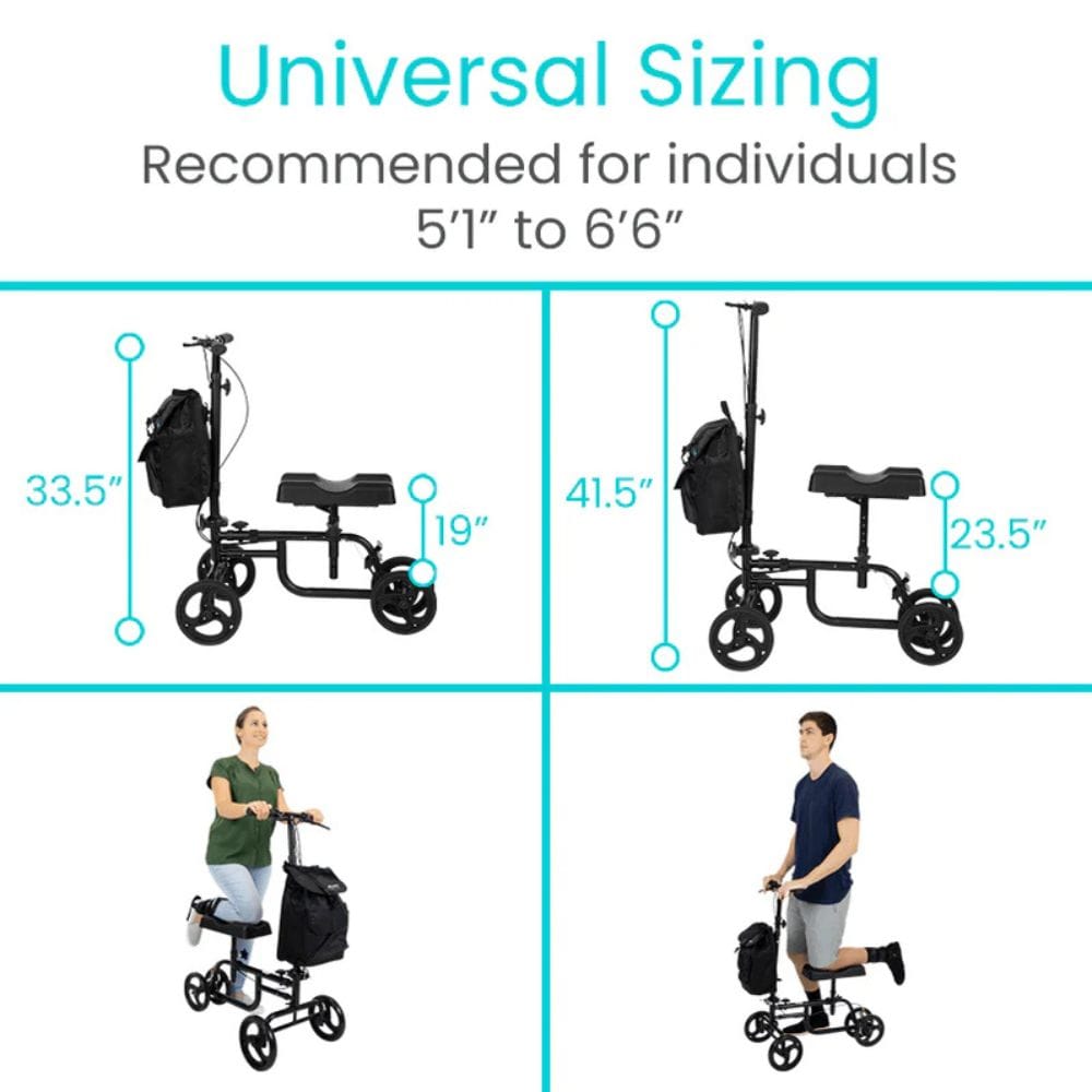 Knee walker with measurements and usage examples on a white background