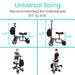 Knee walker with measurements and usage examples on a white background