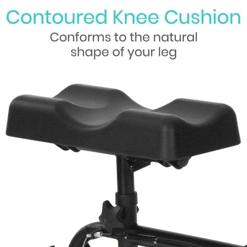 Black contoured knee cushion on a white background with text describing its conforming shape.