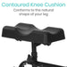 Black contoured knee cushion on a white background with text describing its conforming shape.