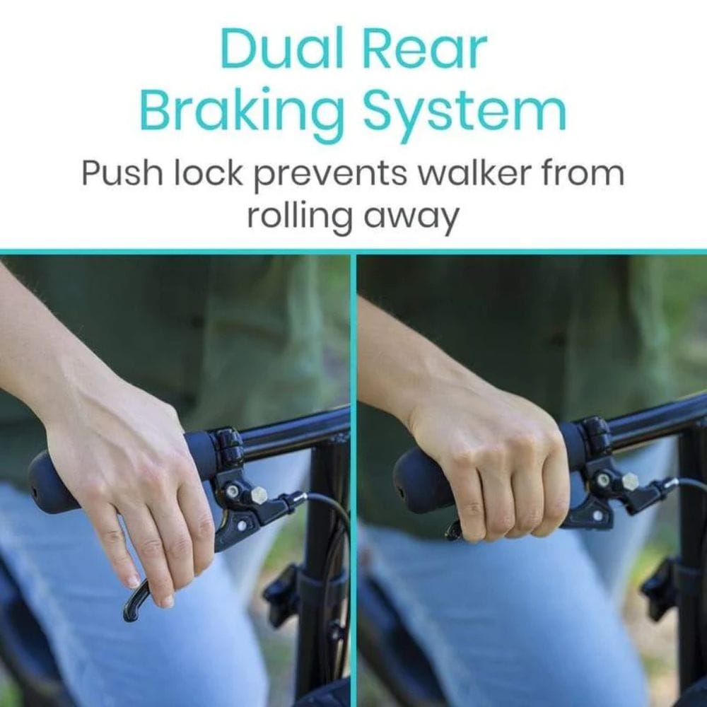 Dual rear braking system with push lock feature on a walker, showing hands using the mechanism.