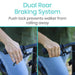 Dual rear braking system with push lock feature on a walker, showing hands using the mechanism.