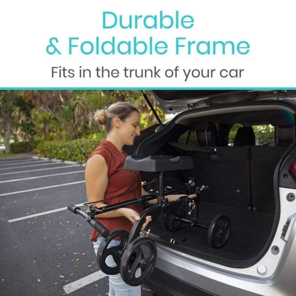 Woman loading a durable and foldable frame into the trunk of a car.