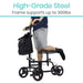 Person using a knee walker with text highlighting high-grade steel frame and weight capacity.