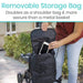 Person holding a black removable storage bag with a stroller in the background