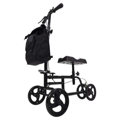 Black knee walker with a bag on a white background