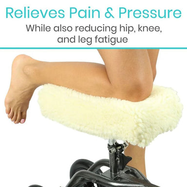 Person using a cushioned stool with text about pain relief and fatigue reduction.