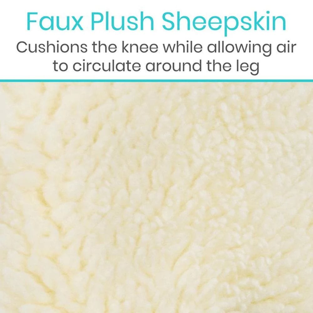 Close-up of faux plush sheepskin material with text describing its properties.