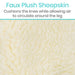 Close-up of faux plush sheepskin material with text describing its properties.