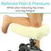 Person using a cushioned stool with text about pain relief and fatigue reduction.