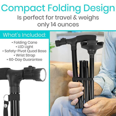Compact folding cane with LED light held by a person, text about its design and features.