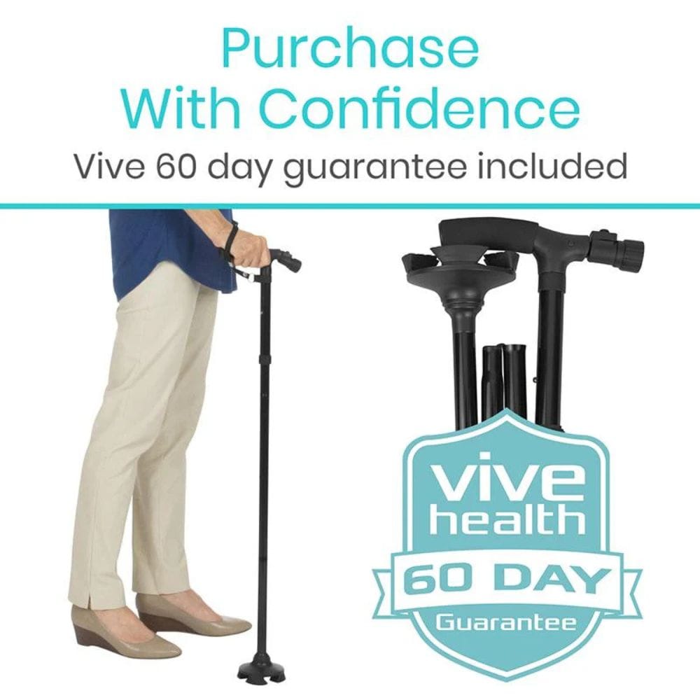 Person using a walking cane with Vive Health branding and 60-day guarantee text on a white background.