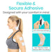 Woman wearing self-adhering hydrogel patches on her arm with text highlighting 'Flexible & Secure Adhesive' and 'Designed with your comfort in mind'.