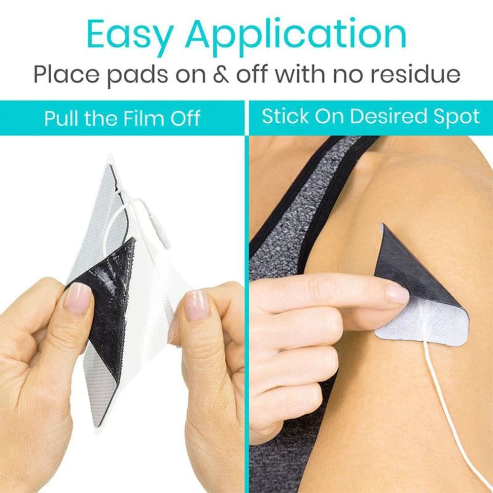 Step-by-step guide on applying adhesive patches with text 'Easy Application' and 'Place pads on & off with no residue'.