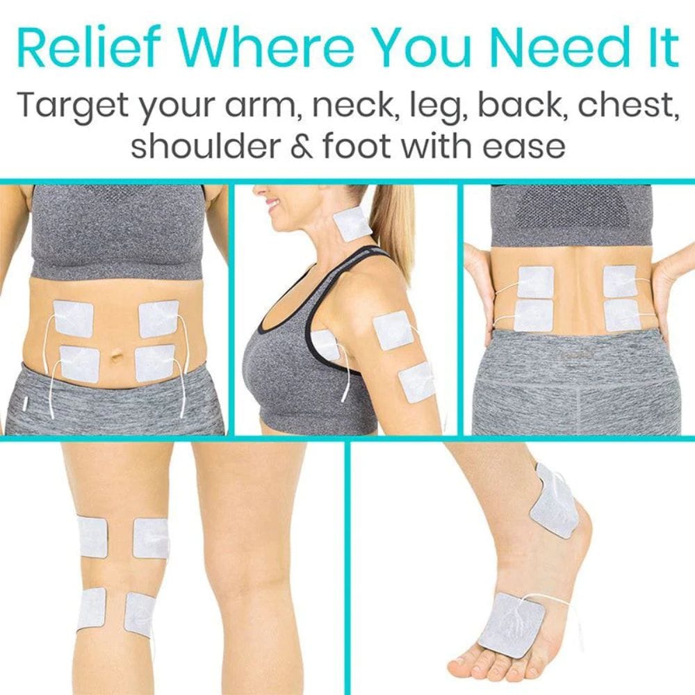 Product showing various application sites on a person's body with text about targeted relief.