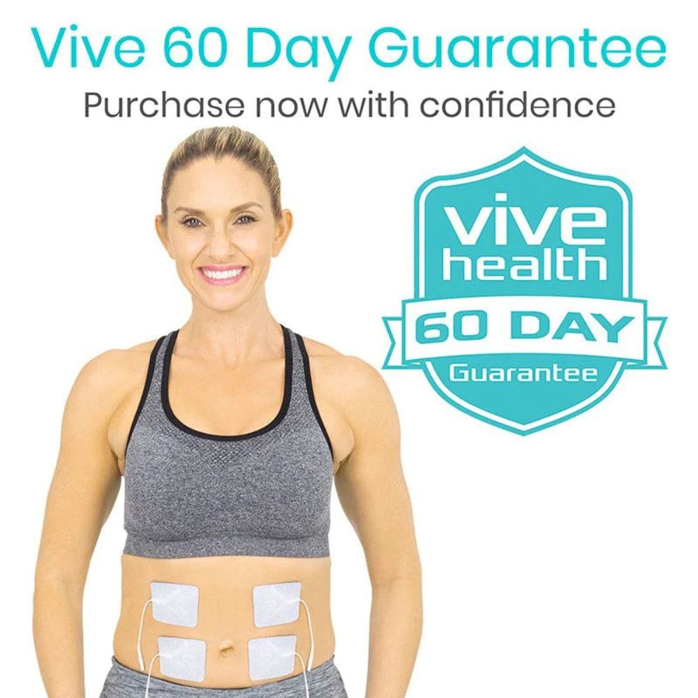 Woman wearing a Vive Health device with promotional text about a 60-day guarantee on a white background.