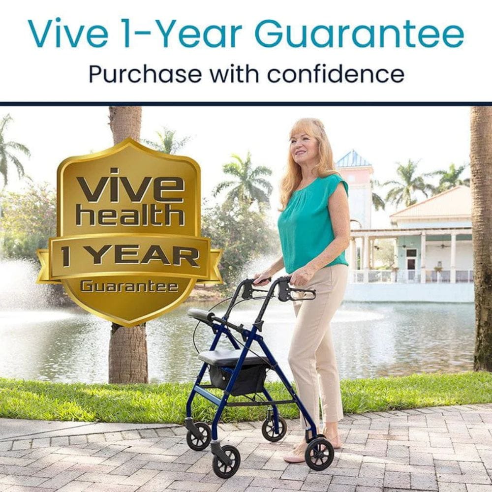 Woman using a walker with Vive Health 1-Year Guarantee badge in a scenic outdoor setting.