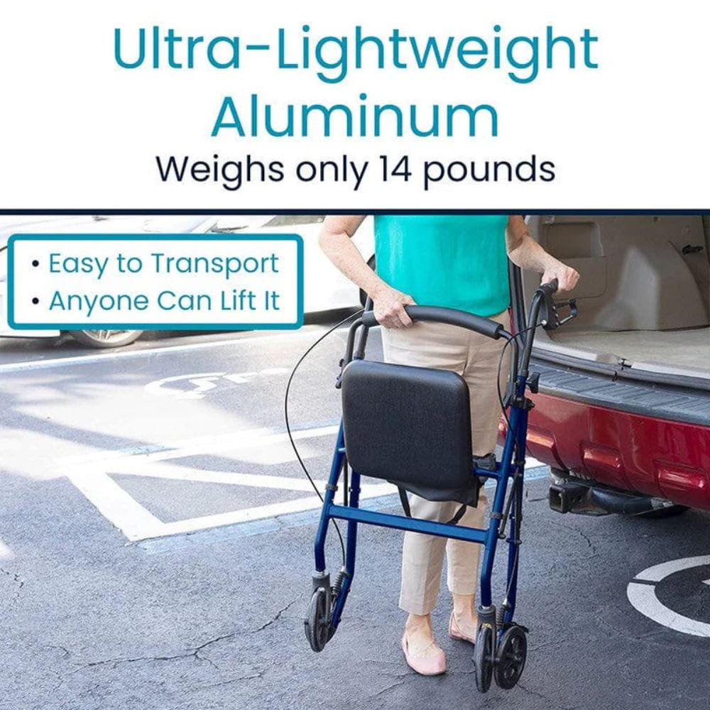 Person lifting an ultra-lightweight aluminum walker from a car trunk with text highlighting its weight and ease of transport.