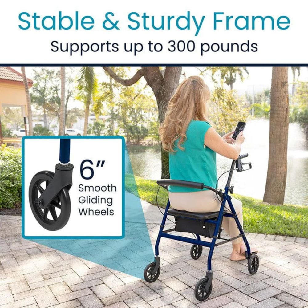 Woman using a walker with text highlighting its stability and weight capacity, outdoors.