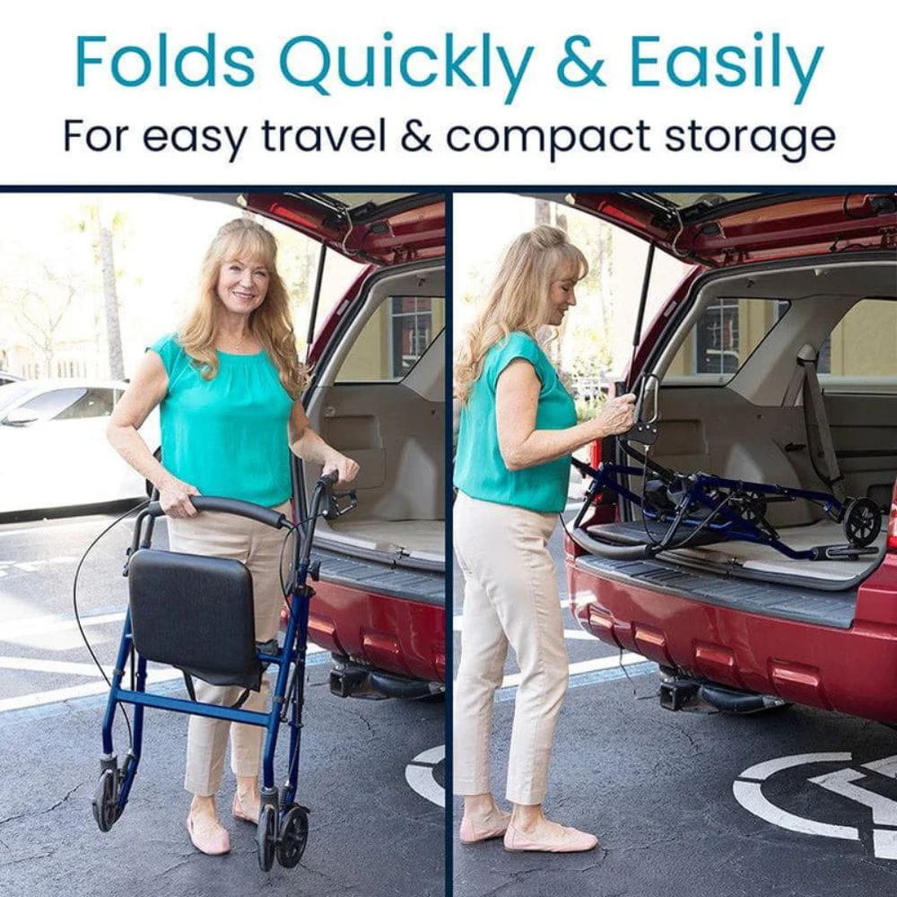 Woman with a walker folding it quickly and easily for travel and storage.