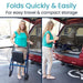 Woman with a walker folding it quickly and easily for travel and storage.