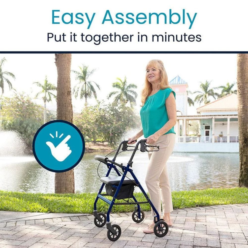 Woman using a walker with text 'Easy Assembly' and 'Put it together in minutes' against a scenic background.