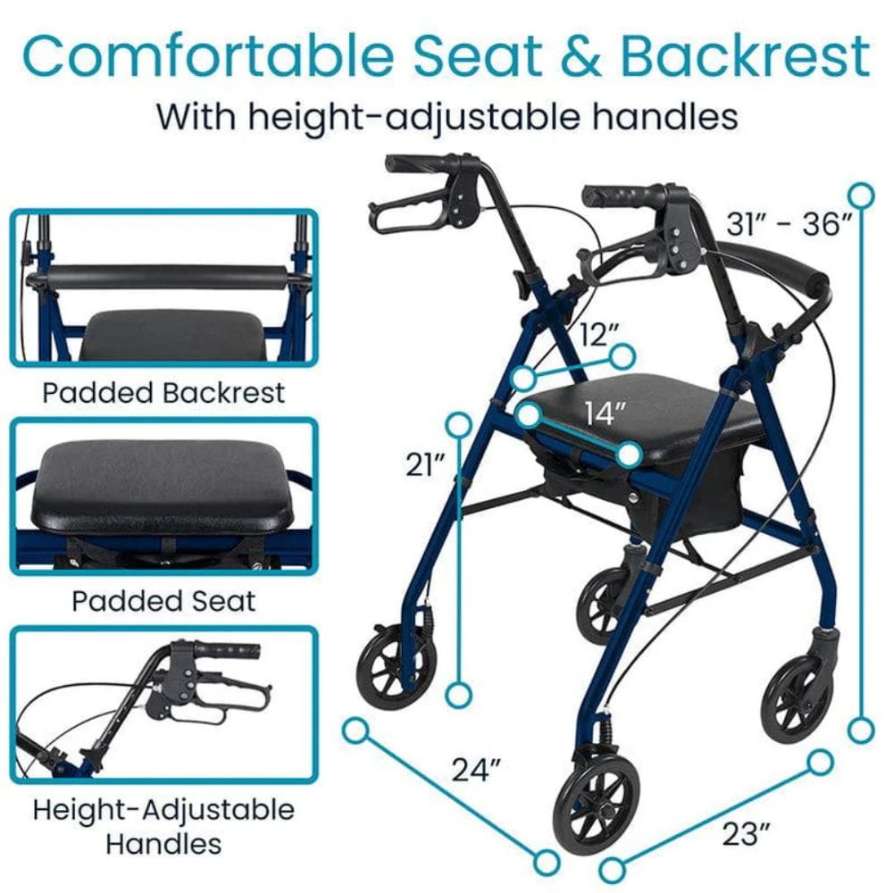 Blue walker with measurements and features highlighted on a white background