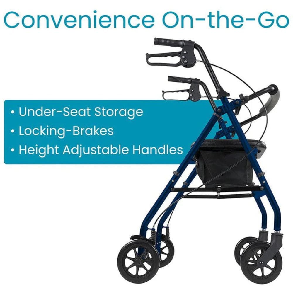 Blue walker with features listed on a white background