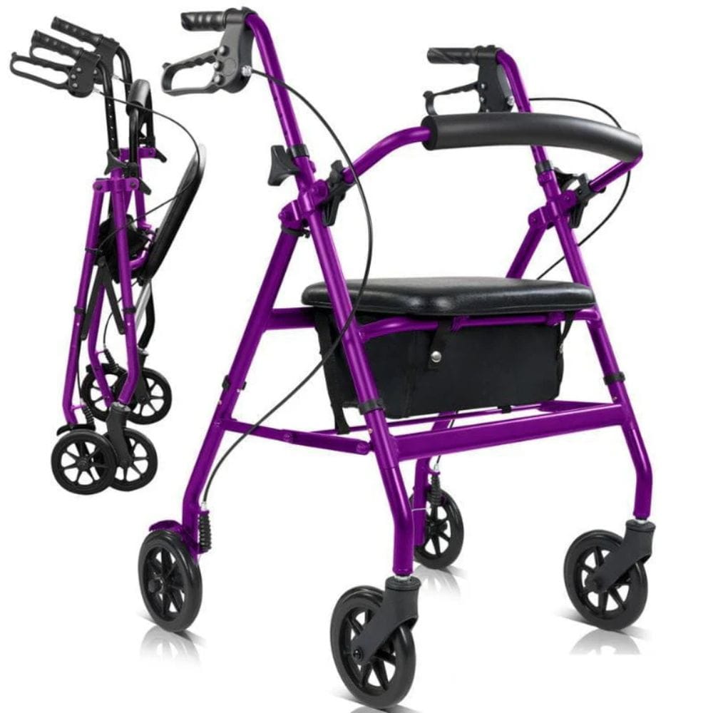 Purple walker with four wheels on a white background