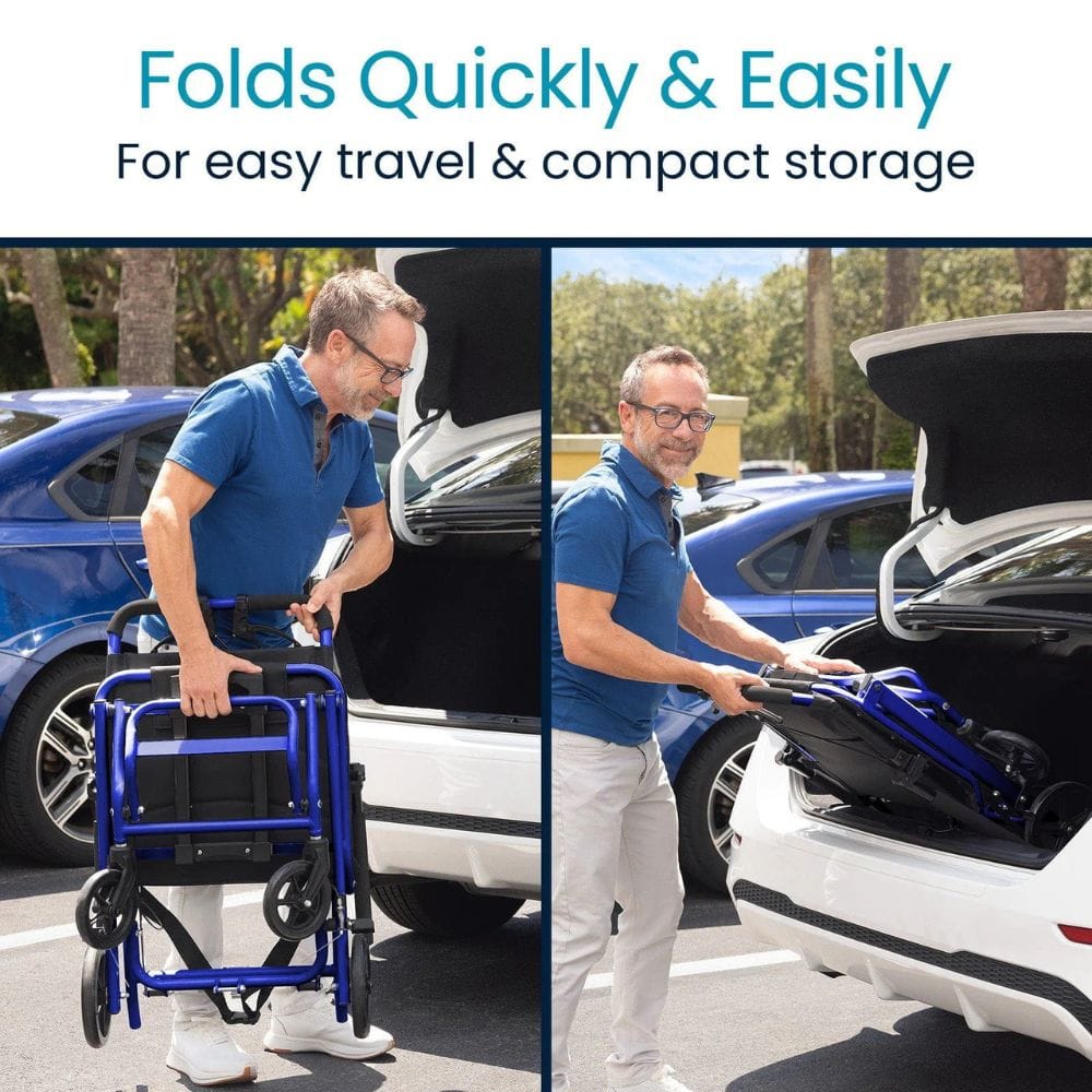 Man folding a blue walker quickly and easily for travel and storage.