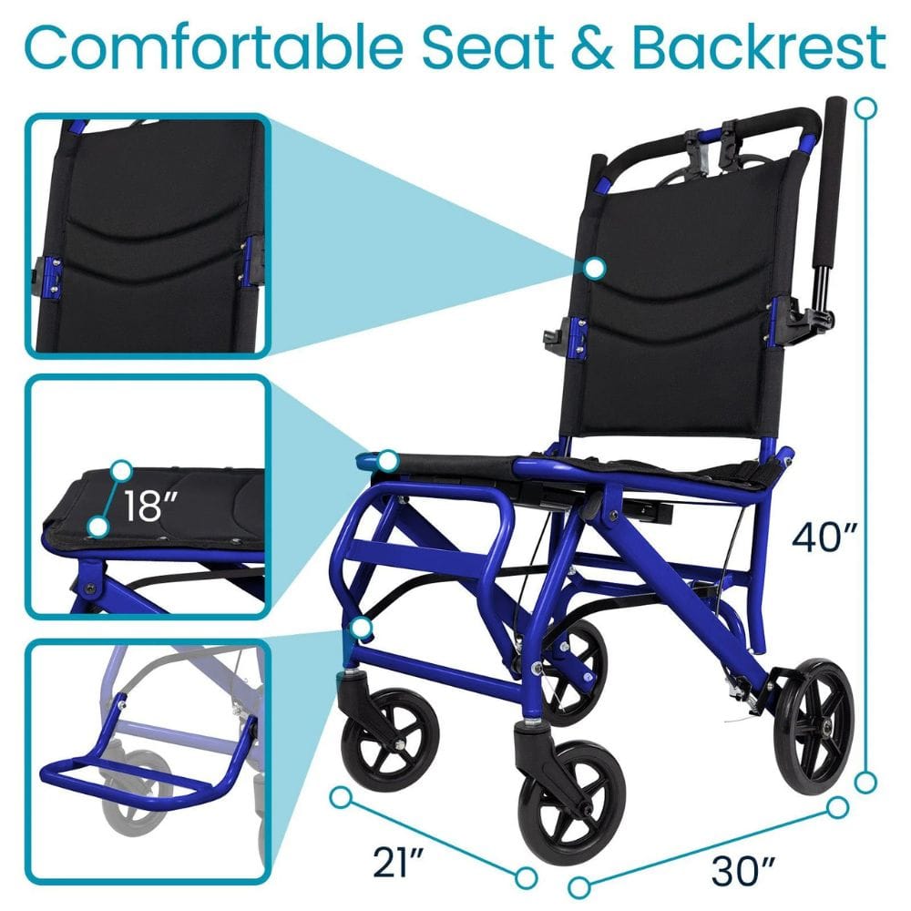 Blue wheelchair with measurements and details on a white background