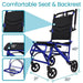 Blue wheelchair with measurements and details on a white background