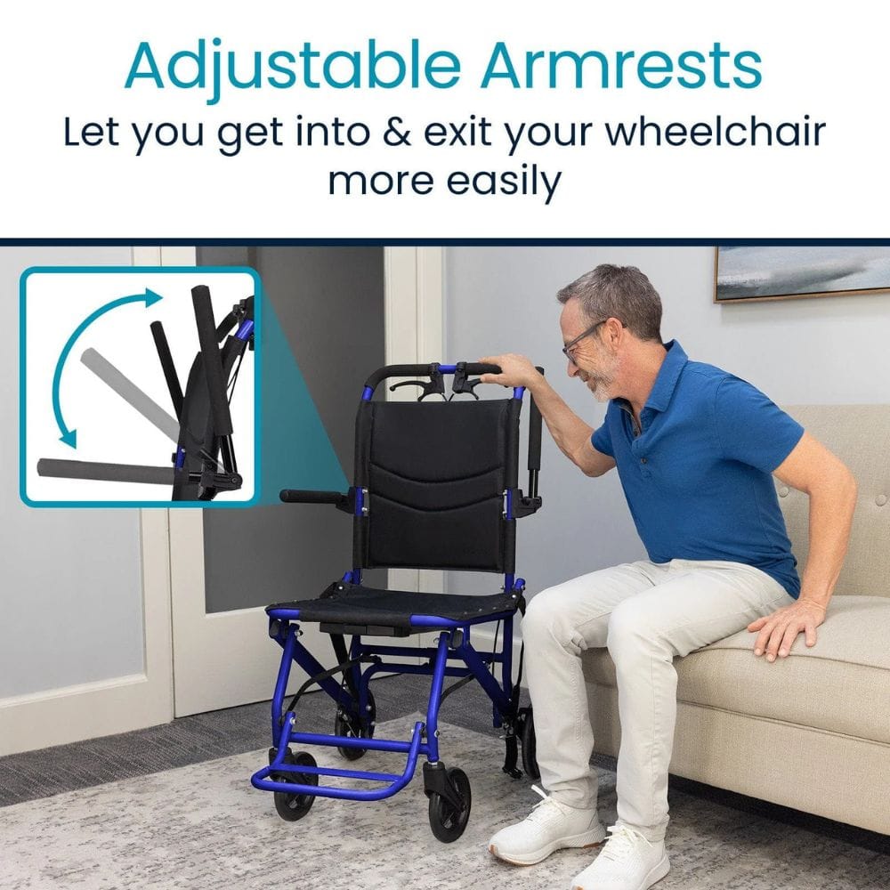 Man using a wheelchair with adjustable armrests, sitting on a couch.