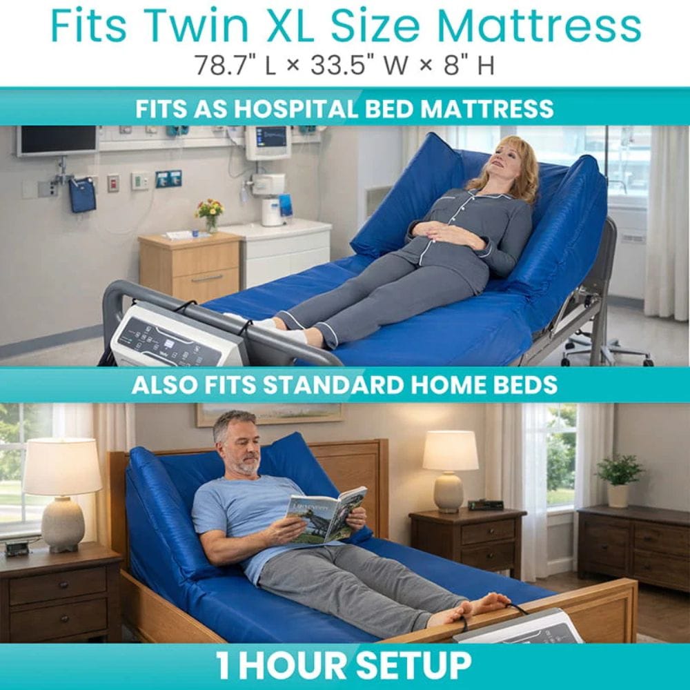Blue hospital bed with text highlighting its features in a hospital and home setting.