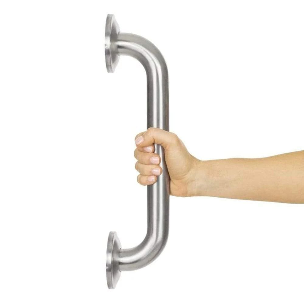 Stainless steel grab bar with a hand holding it on a white background