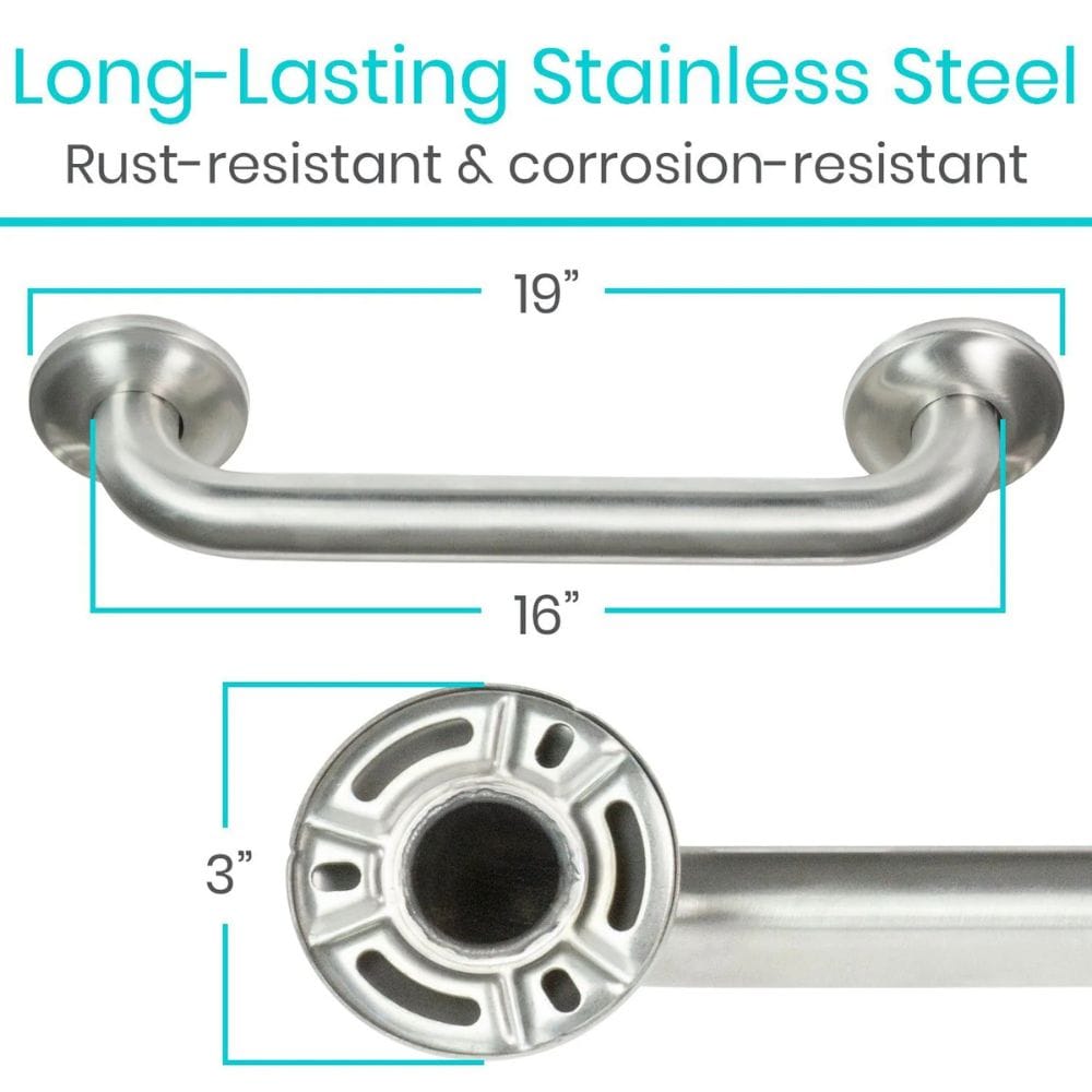 Stainless steel grab bar with dimensions and text highlighting its durability.
