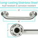 Stainless steel grab bar with dimensions and text highlighting its durability.
