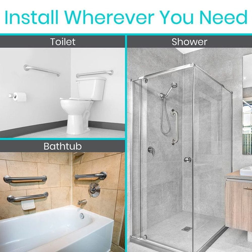 Bathroom fixtures including a toilet, bathtub, and shower with text 'Install Wherever You Need'.