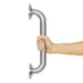 Stainless steel grab bar with a hand holding it on a white background