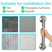 Stainless steel grab bar with text indicating suitability for various surfaces and images of different substrates.