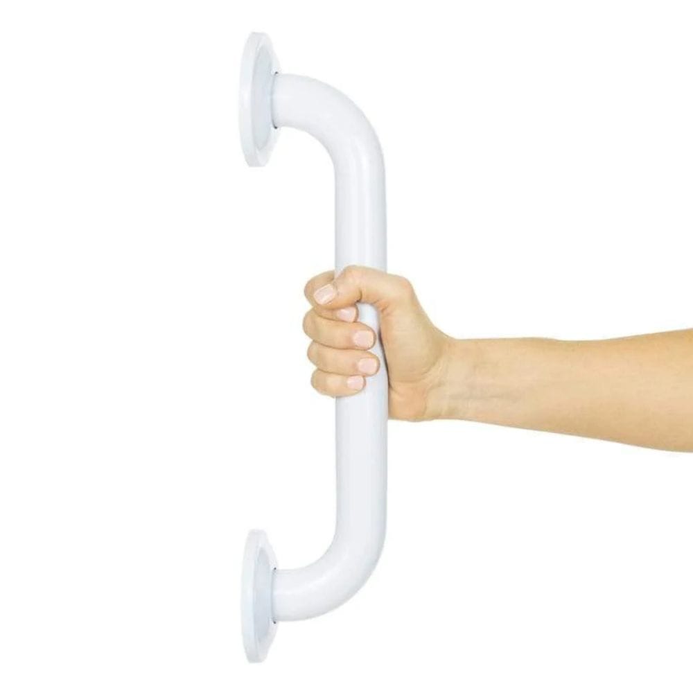 White grab bar held by a hand on a white background